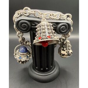 Vintage 800 Silver Charm Bracelet Bells Lapis Carnelian Coral Heavy 1940s